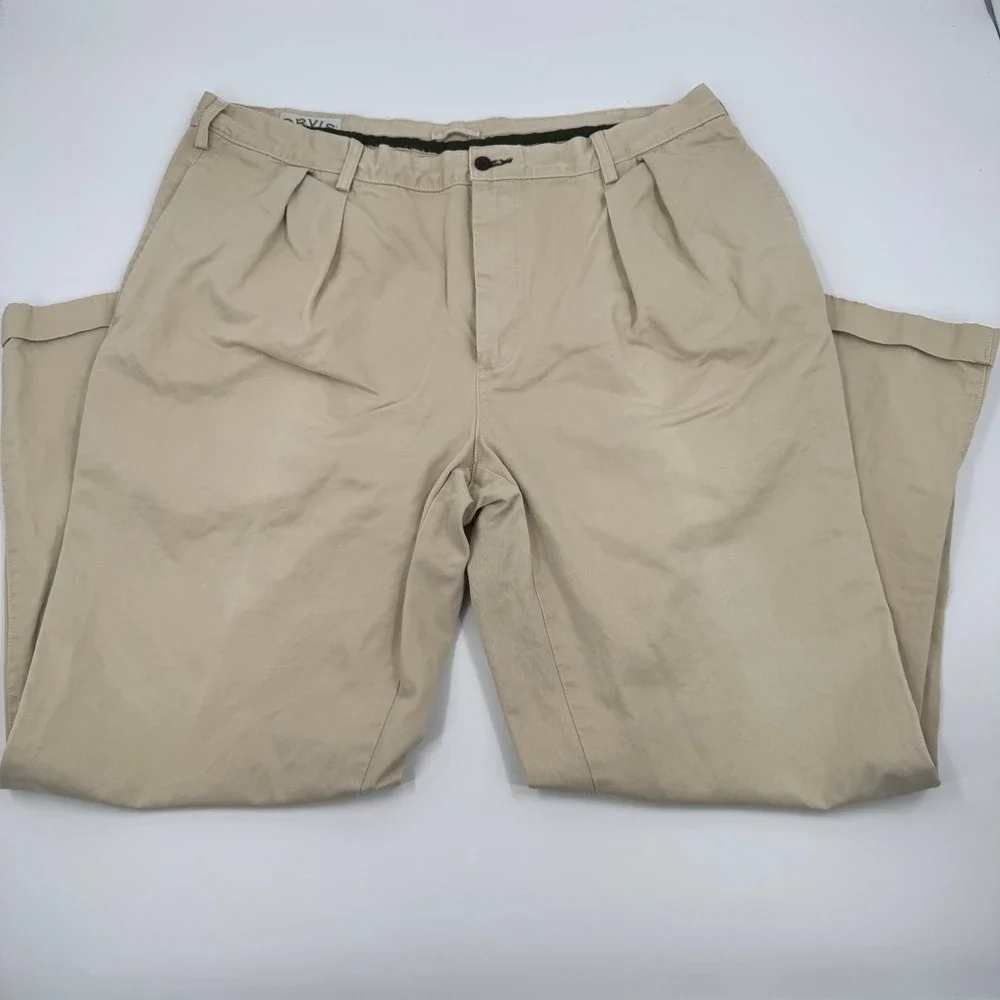 Orvis Pleated Chino Pants Mens 42 Khaki Tan Cotton Cuffed Relaxed Fit Trousers